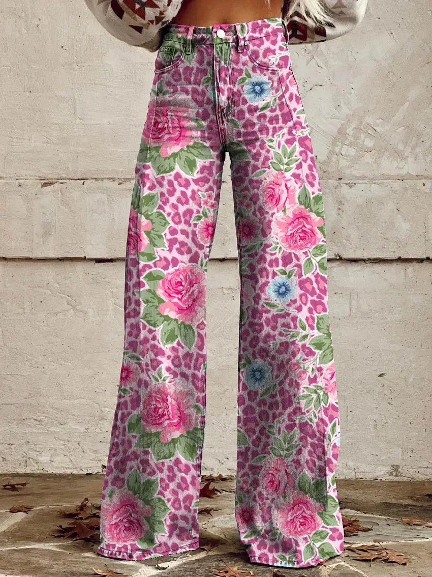 Pantaloni larghi da donna con stampa floreale, ideali per estate e primavera, stile casual elegante.