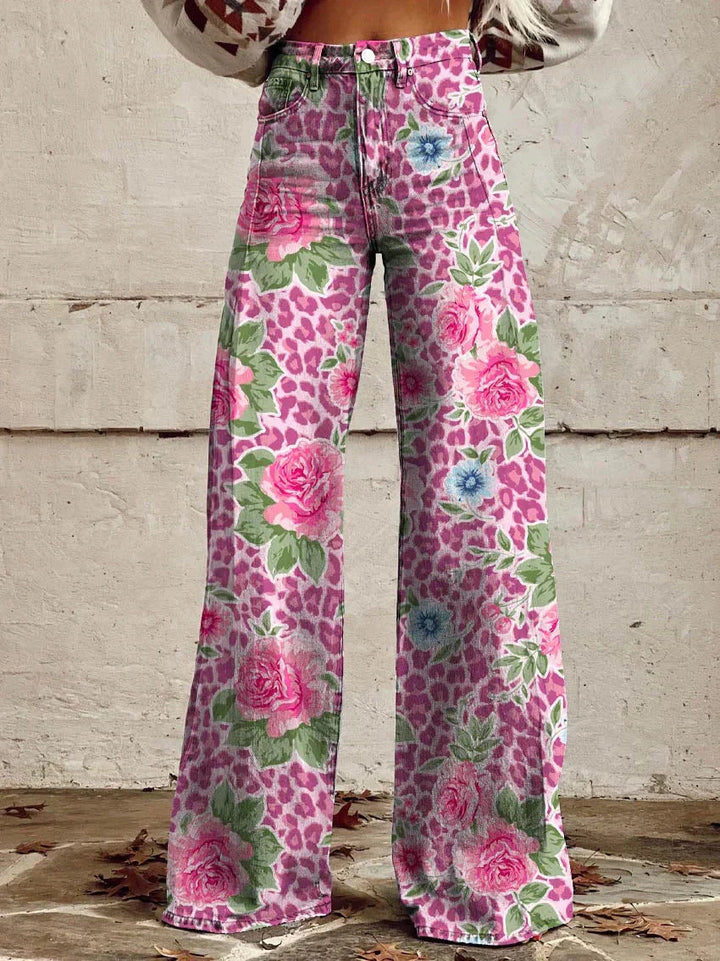Pantaloni larghi da donna con stampa floreale, ideali per estate e primavera, stile casual elegante.