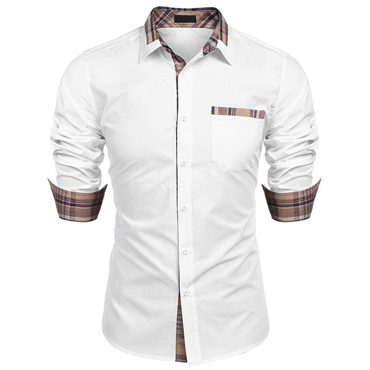 Uomo indossa camicia slim fit a quadri e colletto revers. Stile casual elegante per primavera/autunno.