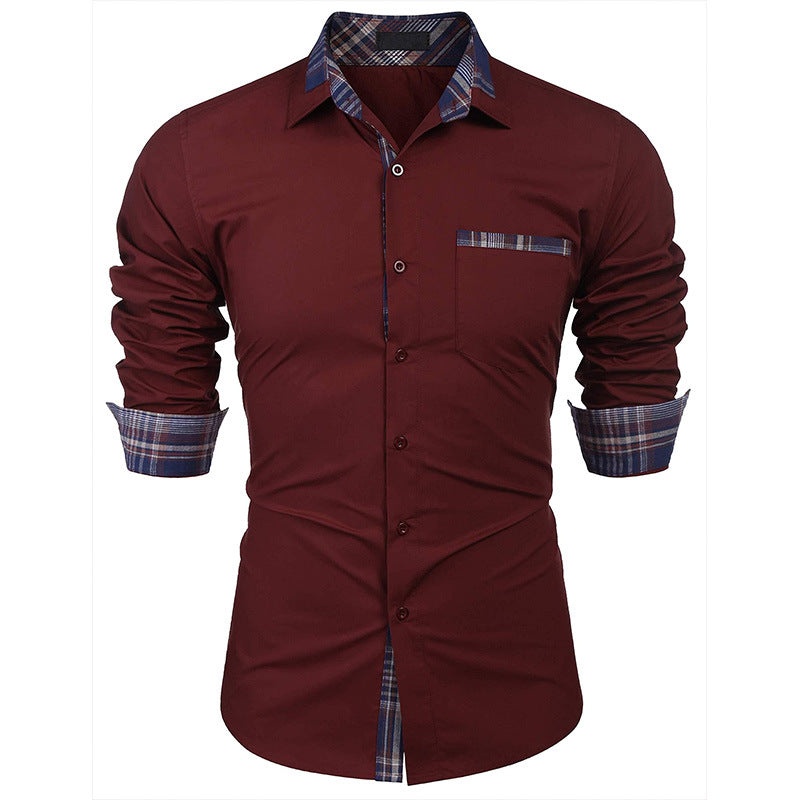 Dettaglio colletto revers e fantasia a quadri camicia uomo slim fit. Eleganza per abbigliamento versatile.