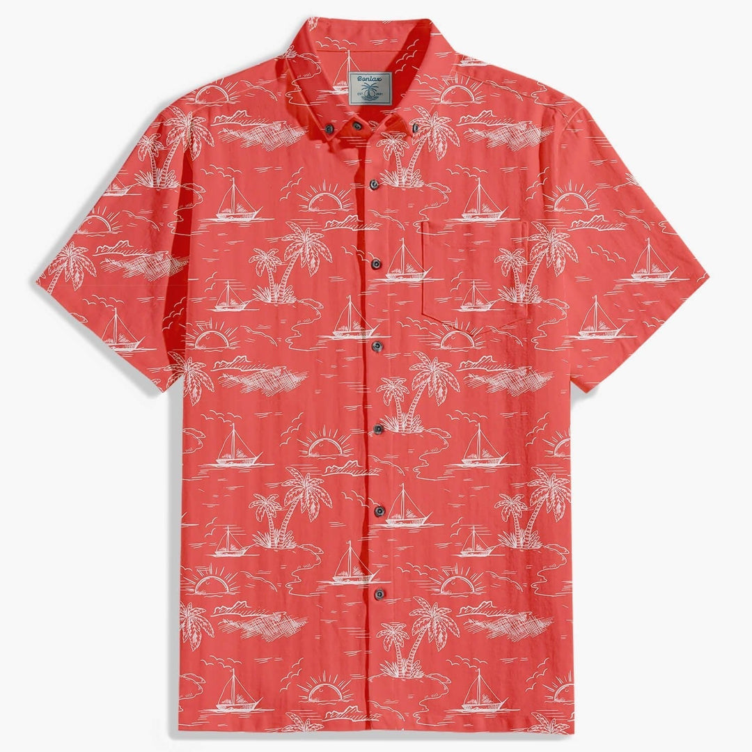 Camicia uomo estiva casual a maniche corte con vivace stampa palme. Perfetta per vacanze e look tropicali.