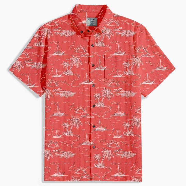 Camicia uomo estiva casual a maniche corte con vivace stampa palme. Perfetta per vacanze e look tropicali.