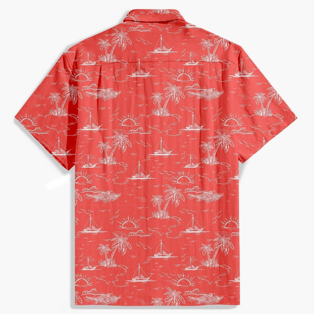 Camicia uomo rossa a maniche corte con stampa palme, ideale per spiaggia e abbigliamento estivo casual.