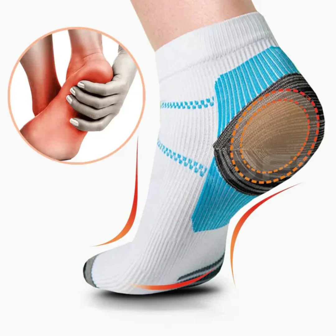 Calze a compressione donna con supporto arco plantare, perfette per sport, viaggi e benessere generale dei piedi.