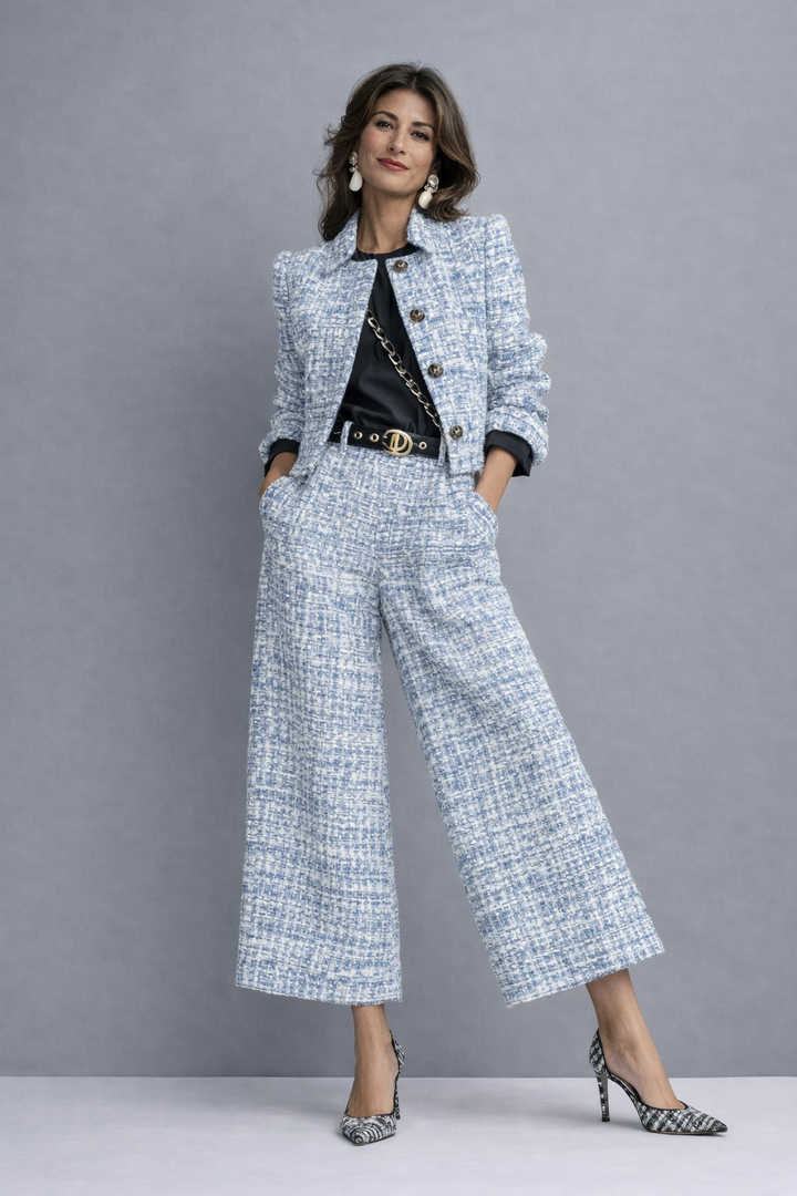 Moda femminile: completo donna in tweed con giacca corta e pantaloni larghi. Look elegante per ufficio e occasioni.