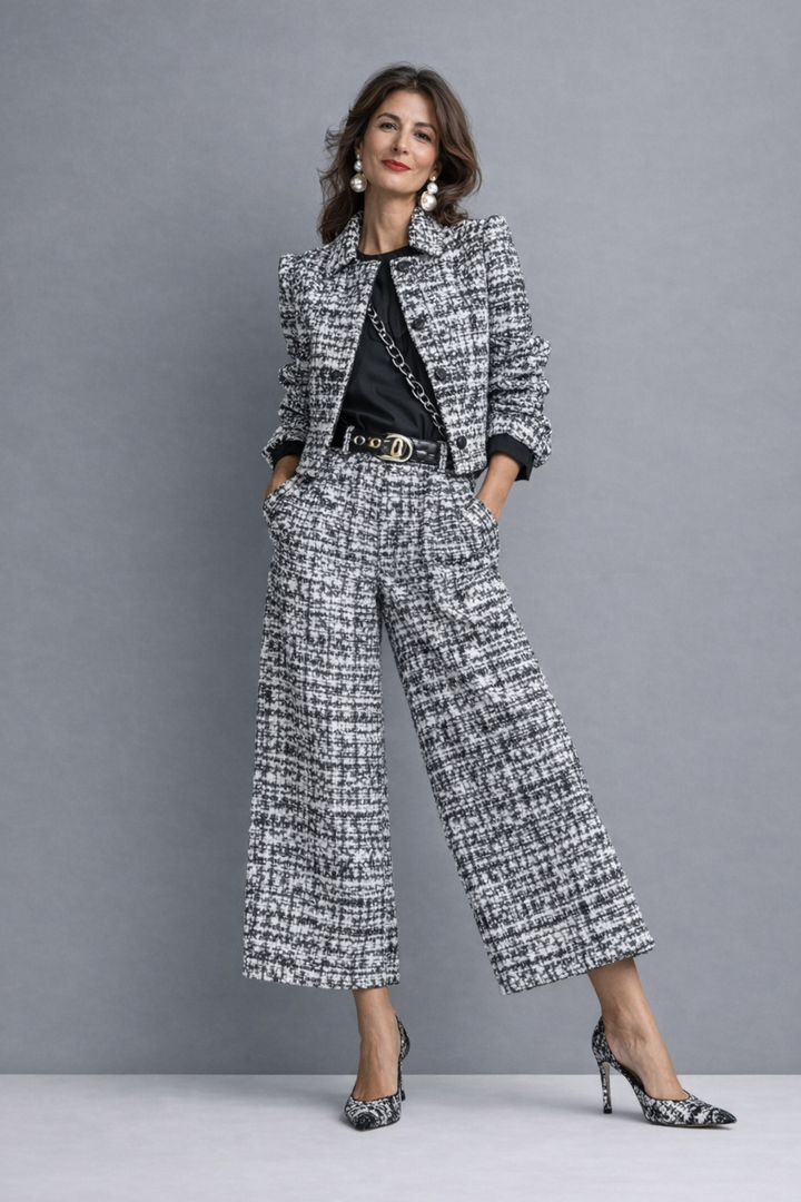 Completo due pezzi in tweed da donna con giacca corta alla moda e pantaloni larghi. Abbigliamento femminile chic.