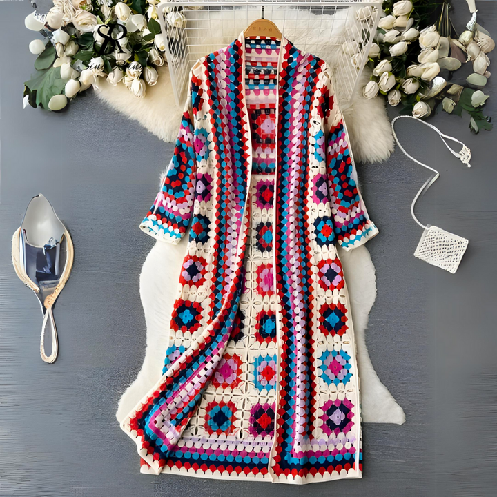 Cardigan lungo donna elegante stile kimono, aperto e versatile, perfetto per primavera e autunno.
