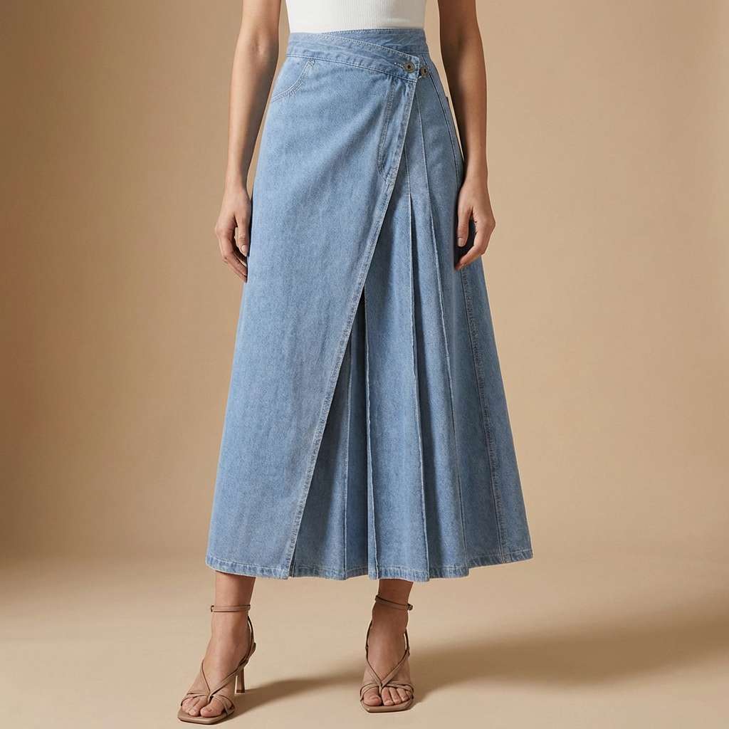 Gonna donna denim blu a vita alta con spacco frontale. Perfetta per look casual estivi e versatili.