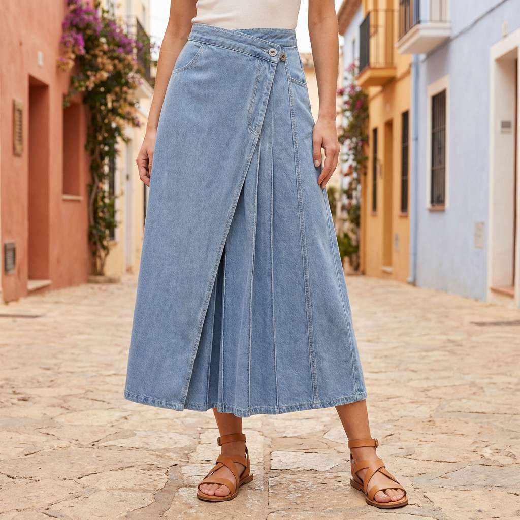 Gonna denim blu da donna con spacco frontale e vita alta. Comfort e stile casual-elegante per la moda estiva.