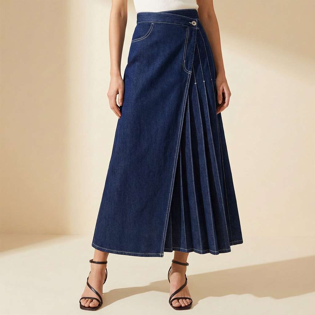 Gonna donna casual estiva in denim blu. Modello a vita alta con spacco, ideale per vacanze e outfit quotidiani.