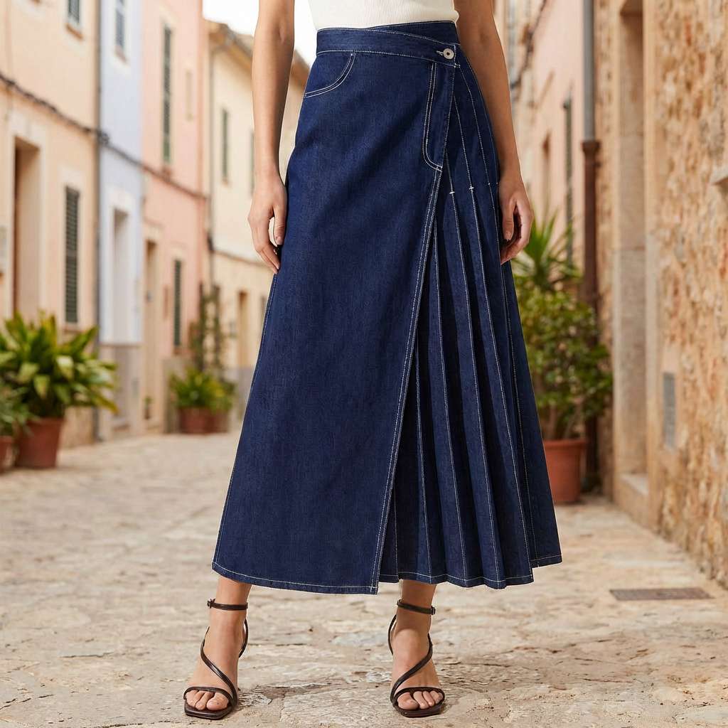 Gonna donna in denim blu a vita alta con spacco frontale. Perfetta per un look estivo casual chic e versatile.
