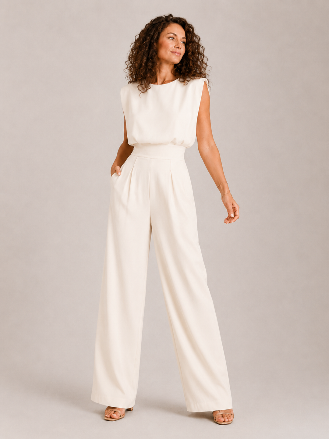 Tuta donna estiva fluida, senza maniche, comoda ed elegante per un look versatile e alla moda.