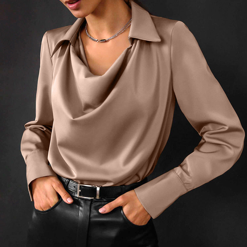 Elegante camicia donna con collo drappeggiato, manica lunga, adatta per ufficio, casual o eventi speciali.