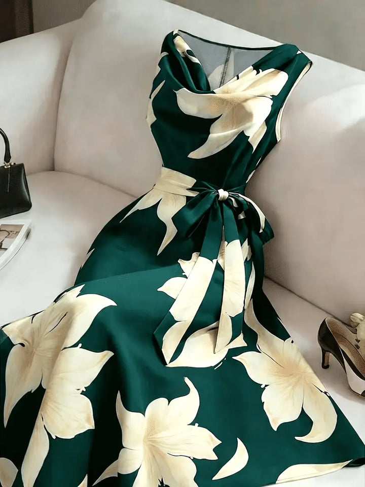 Vestito midi floreale da donna, elegante e casual, con vita annodata, ideale per la moda estiva.