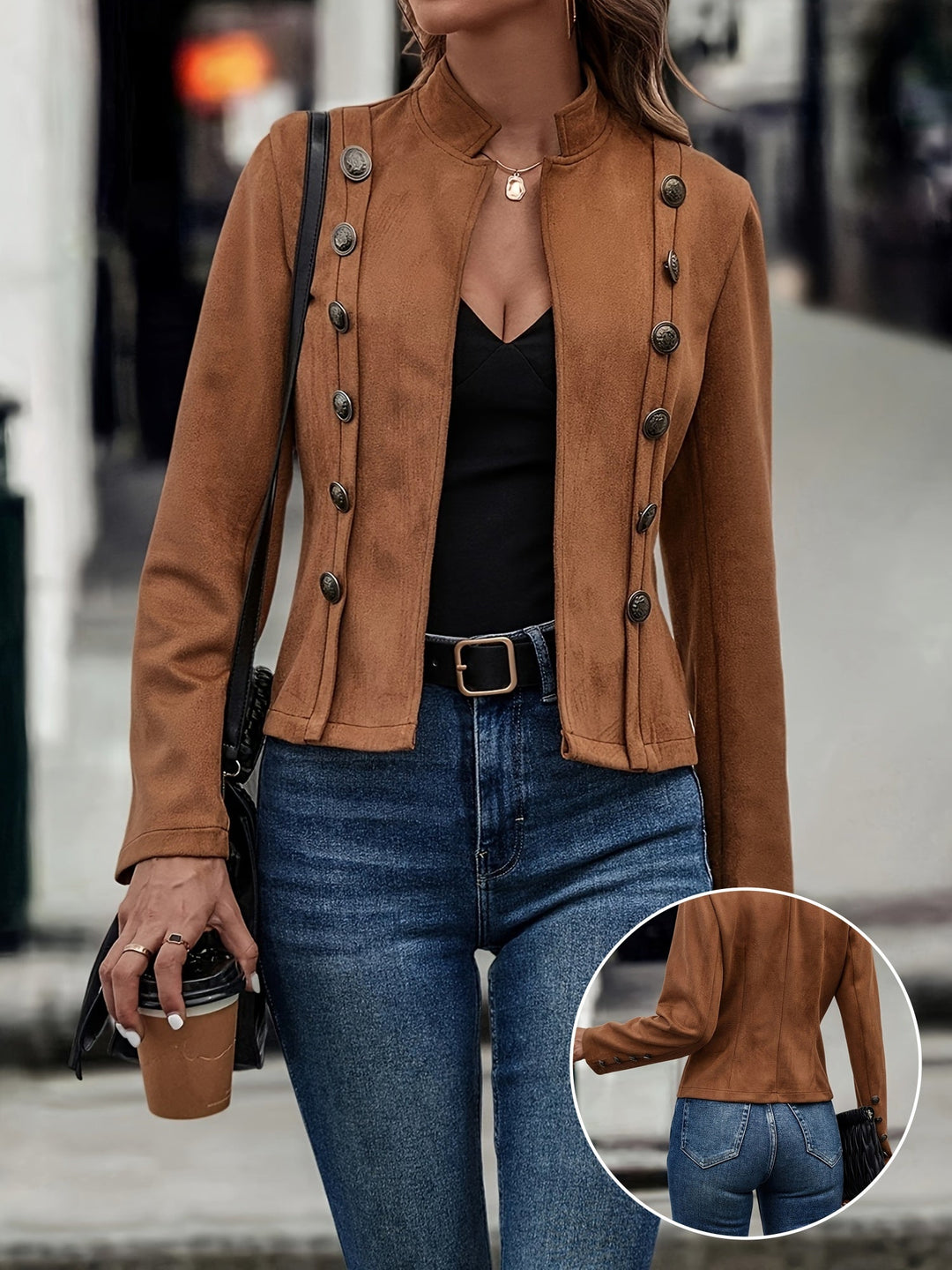 Giacca vintage elegante donna nera, perfetta per outfit classici e primaverili.