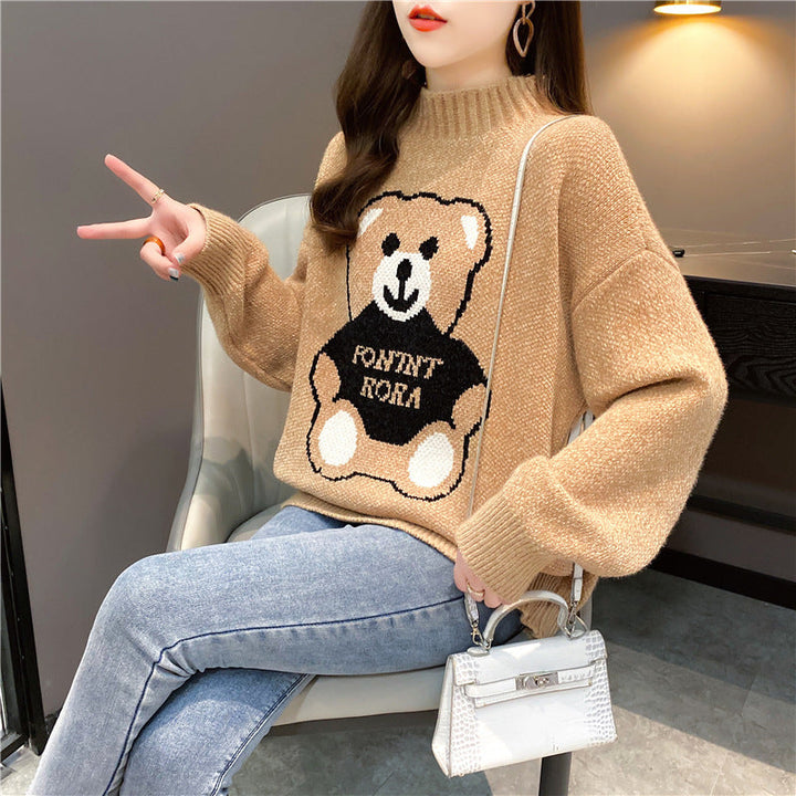 Pullover donna autunnale con simpatico orso, comodo e trendy, aggiunge un tocco giocoso al tuo look.