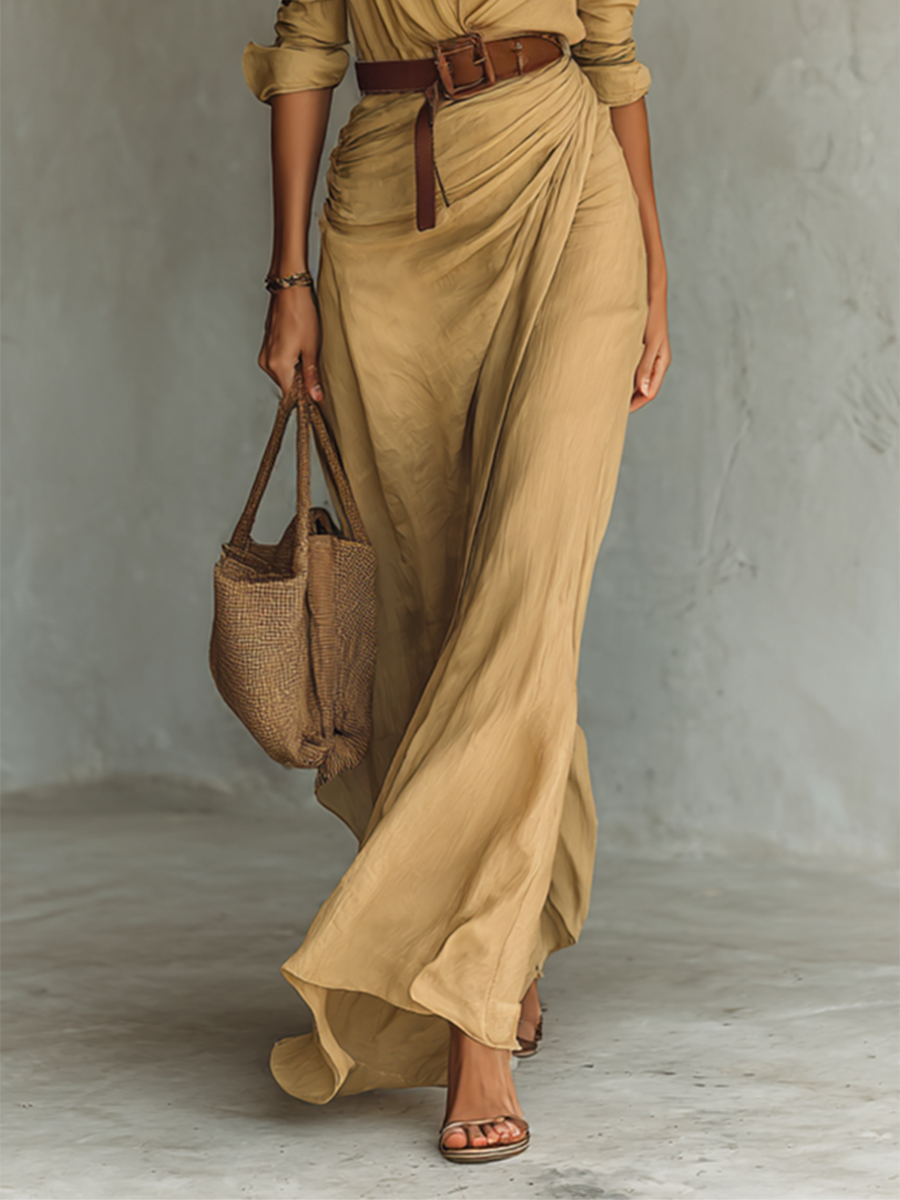 Abito maxi donna a camicia con cintura in vita che valorizza la silhouette, perfetto per primavera estate.