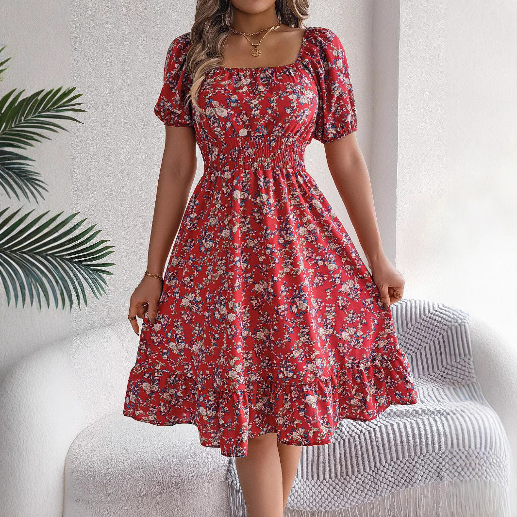 Abito donna estivo midi, design floreale, scollo quadrato, volant, per un tocco di eleganza.