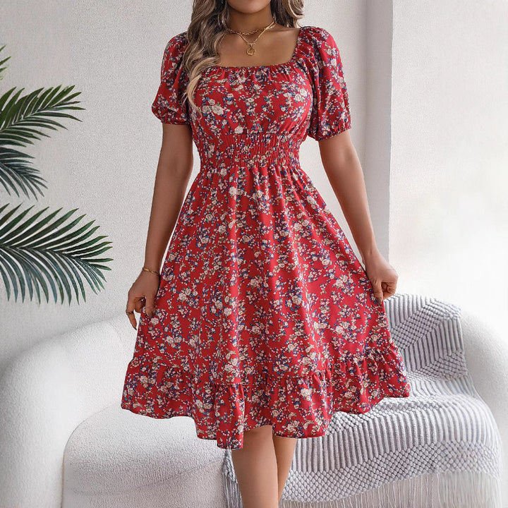 Abito donna estivo midi, design floreale, scollo quadrato, volant, per un tocco di eleganza.
