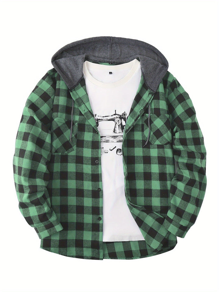 Design moderno: giacca camicia uomo con cappuccio e fantasia a quadri grigi.