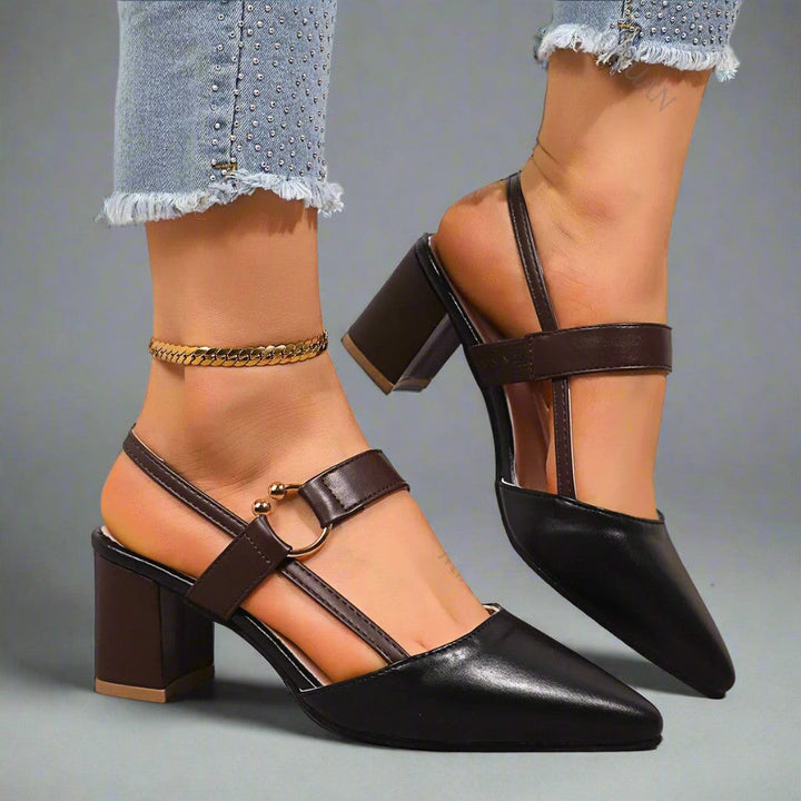 Moda donna: scarpe slingback eleganti con tacco largo, perfette per look da ufficio o outfit serali chic.