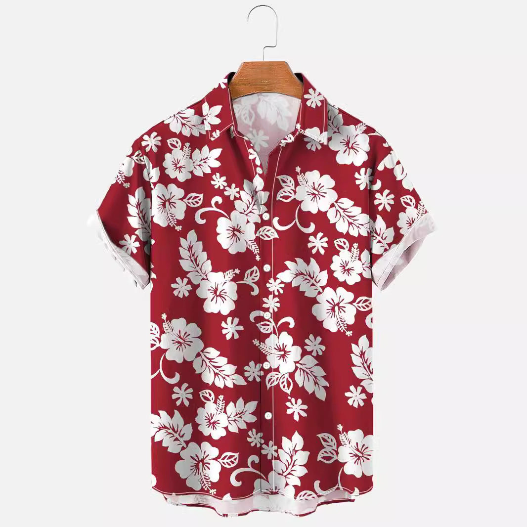 Camicia uomo a maniche corte, stampa floreale, vestibilità comoda ed elasticizzata per relax e vacanze.