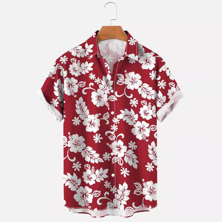 Camicia uomo a maniche corte, stampa floreale, vestibilità comoda ed elasticizzata per relax e vacanze.