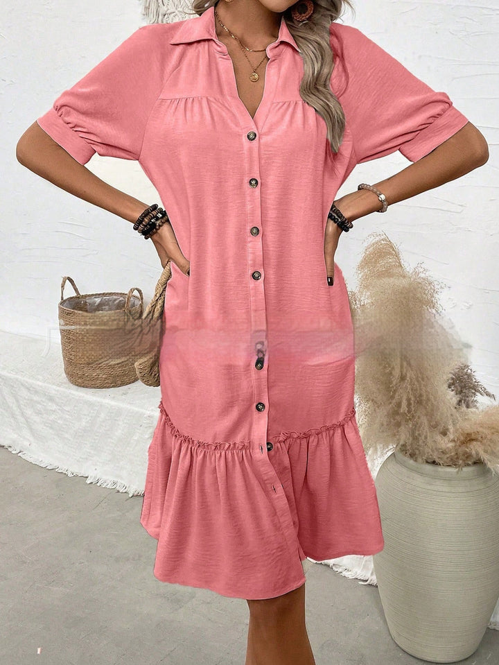 Abito casual donna primavera estate con maniche a sbuffo e orlo a balze. Vestito versatile ed elegante.