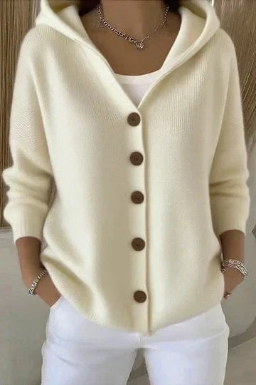 Maglione leggero donna con bottoni e cappuccio, ideale per moda primavera/autunno. Un tocco di eleganza casual.