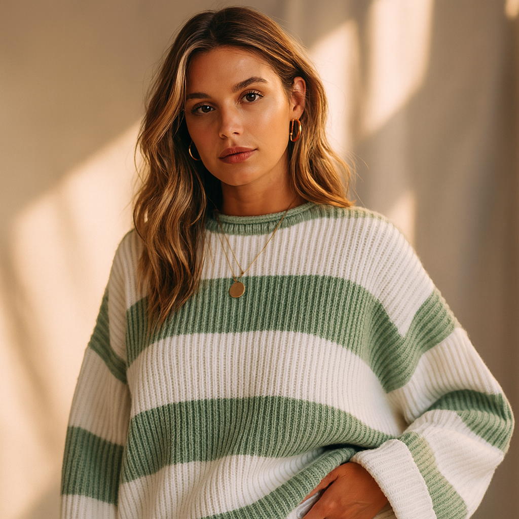 Maglione donna in maglieria a righe vivaci. Collo rotondo e vestibilità ampia per un look rilassato.