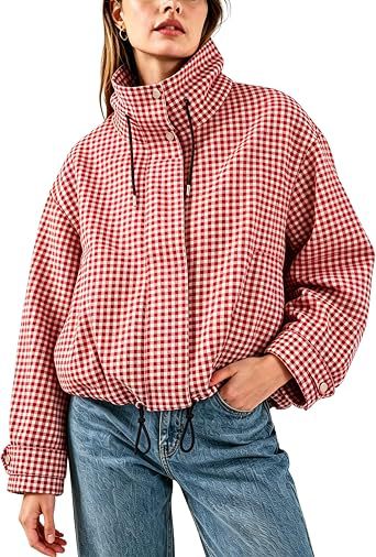 Giacca donna a quadri casual chic con collo rialzato e cerniera, corta, ideale per la mezza stagione.