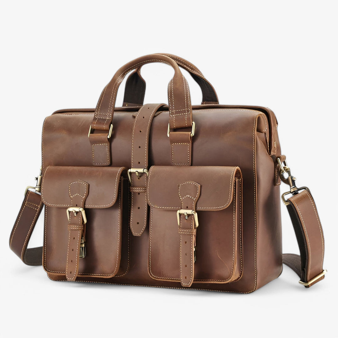 Borsa portadocumenti marrone unisex con tracolla, multiscomparto per organizzazione perfetta in ufficio o viaggio.