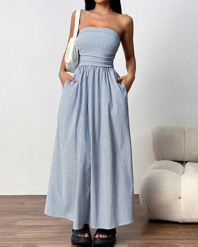 Abito maxi estivo donna senza spalline con tasche, ideale per spiaggia e look casual primavera estate.