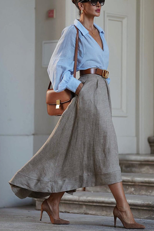 Gonna donna lunga asimmetrica khaki, in tessuto leggero per l'estate, vita elastica. Stile casual e chic.