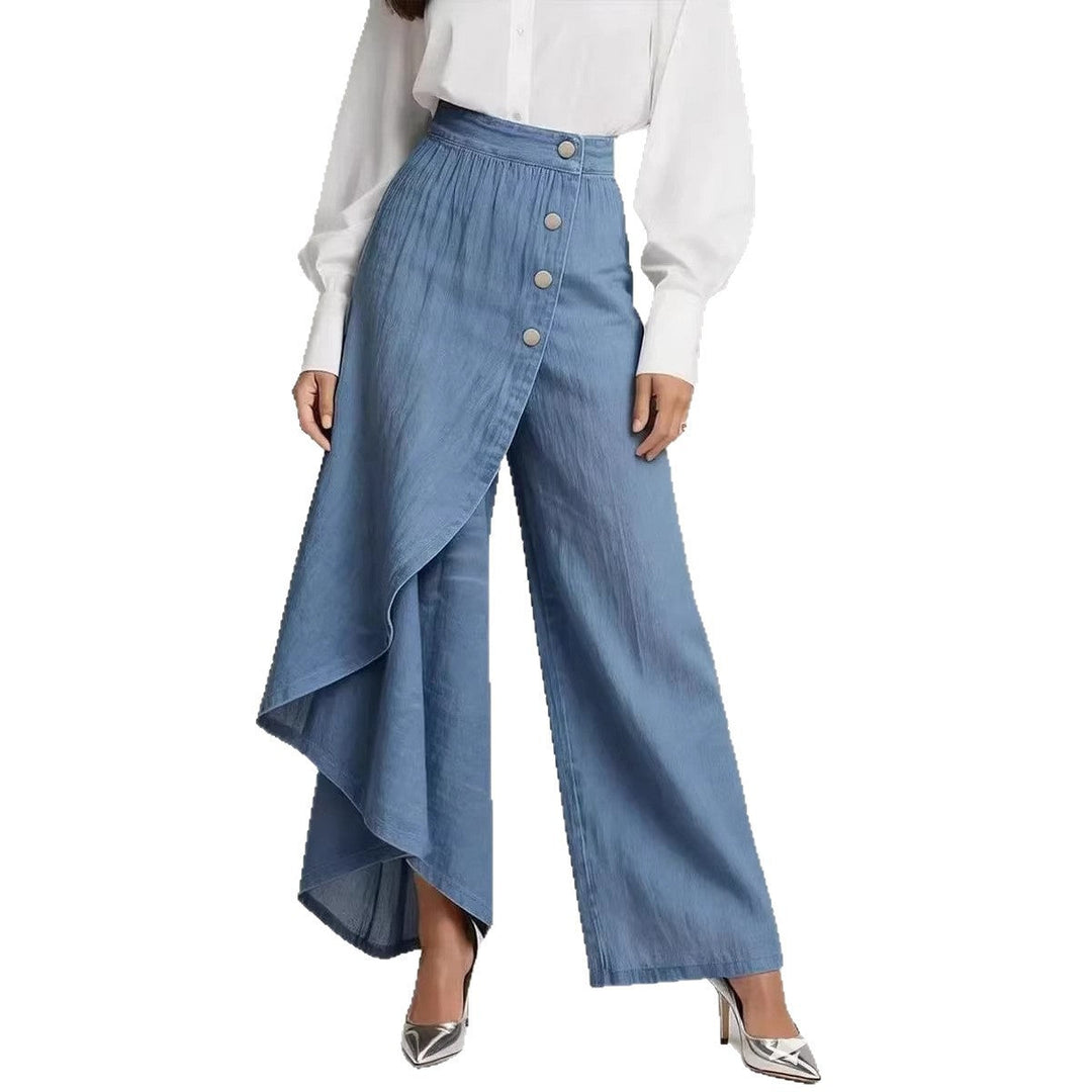 Abbigliamento donna: pantaloni dritti effetto denim, bottoni, vita alta, comodi e alla moda.