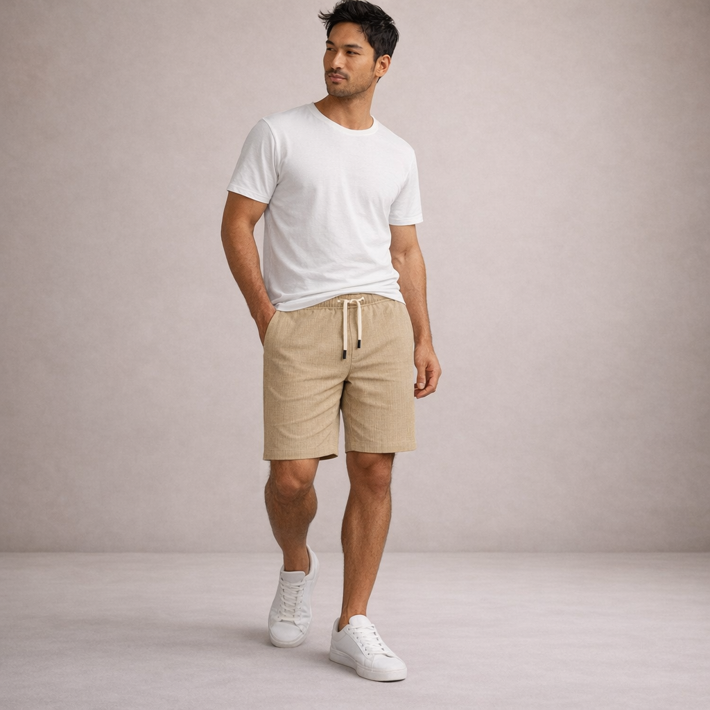 Pantaloncini uomo estivi, vita regolabile, un must-have per le vacanze e il relax in spiaggia.