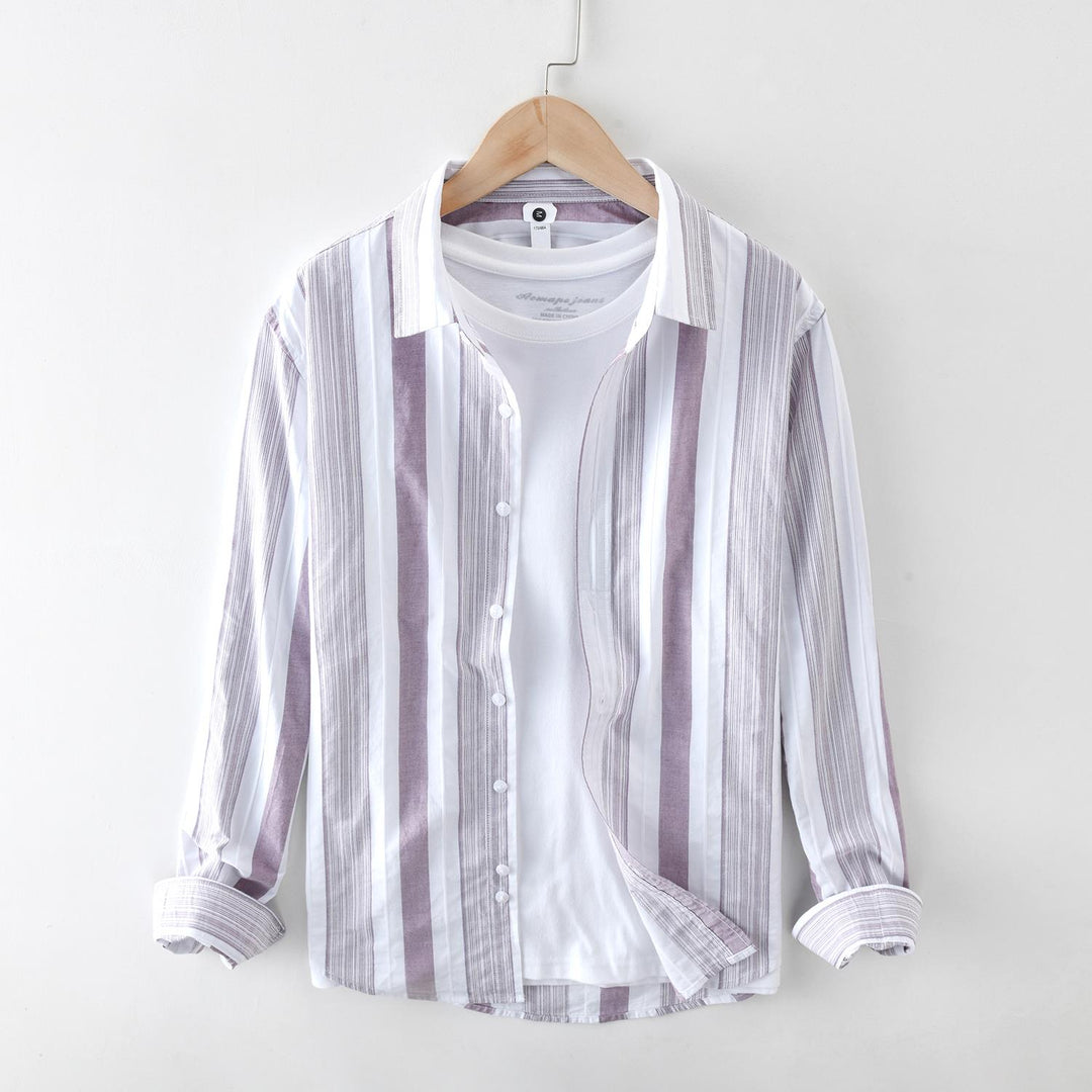 Camicia da uomo a righe con maniche lunghe e colletto quadrato, stile moderno ed elegante per outfit casual o formali.