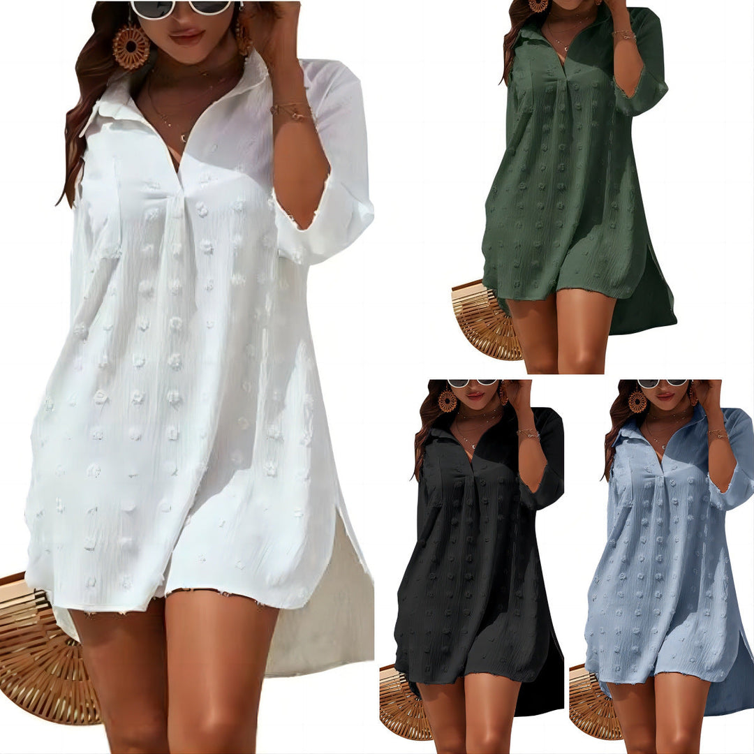 Copricostume donna casual tinta unita, maniche 3/4, perfetto per la moda mare, la piscina e le vacanze al sole.