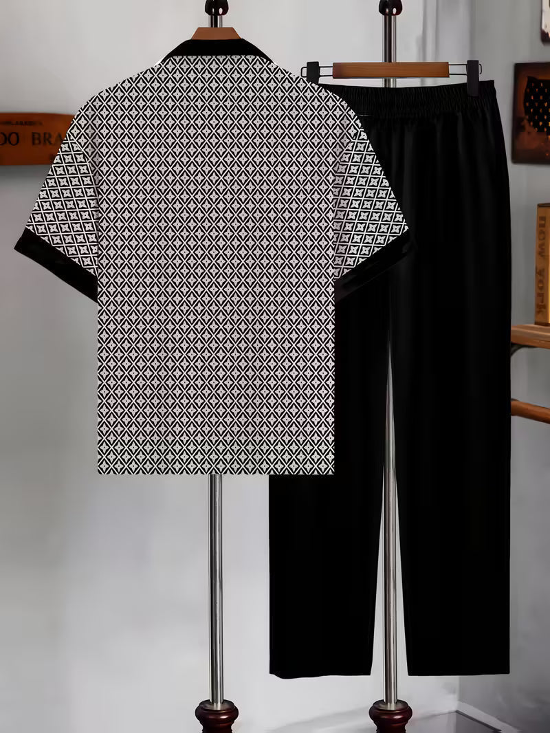 Outfit estivo uomo casual geometrico due pezzi, traspirante e alla moda per l'estate.