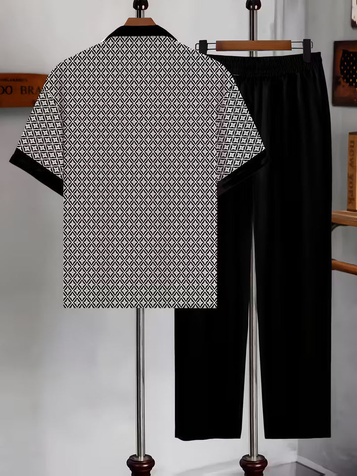 Outfit estivo uomo casual geometrico due pezzi, traspirante e alla moda per l'estate.