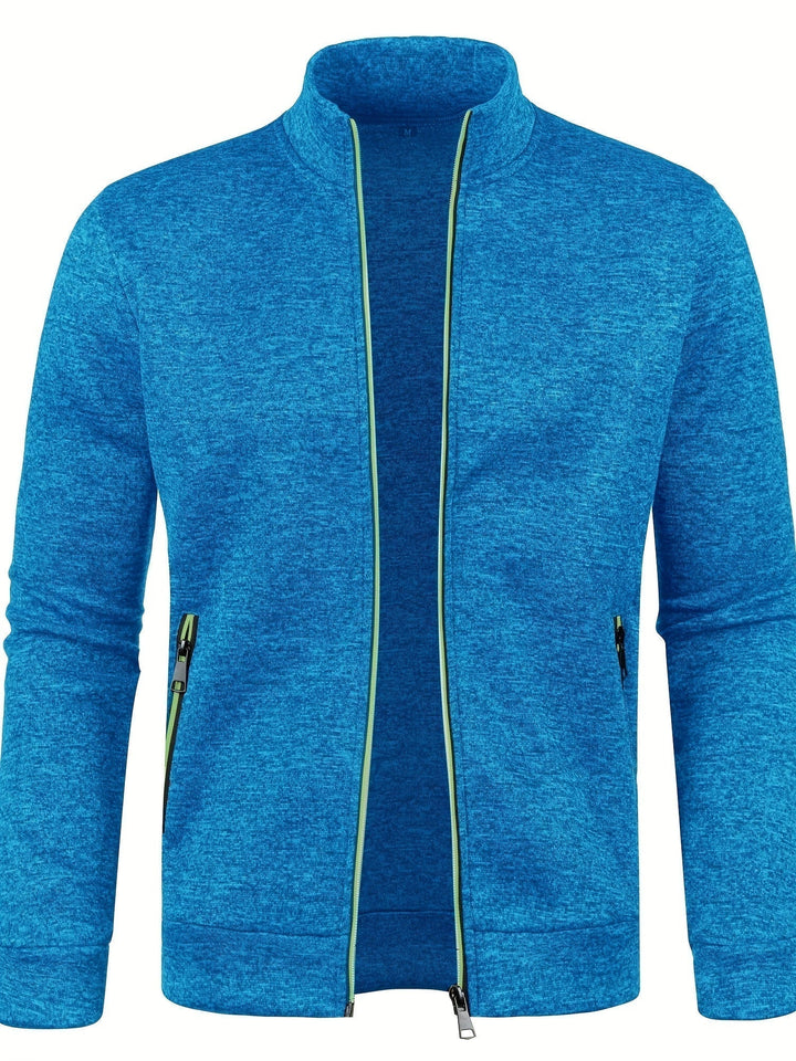 Cardigan uomo con zip intera, abbigliamento caldo e versatile per la moda maschile.