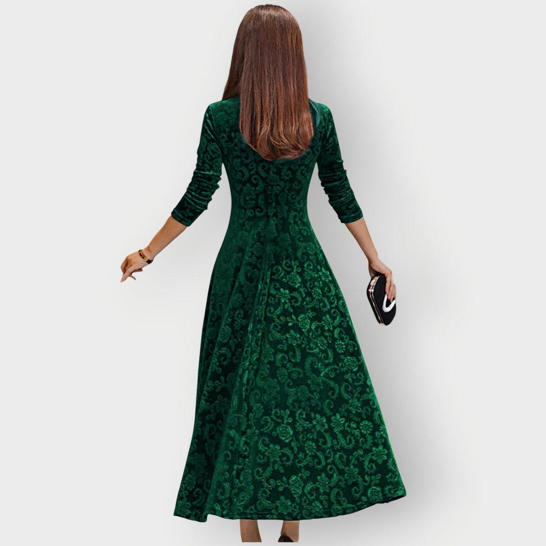 Abito da sera midi donna svasato, scollo a V, stile raffinato, perfetto per look elegante e sofisticato.