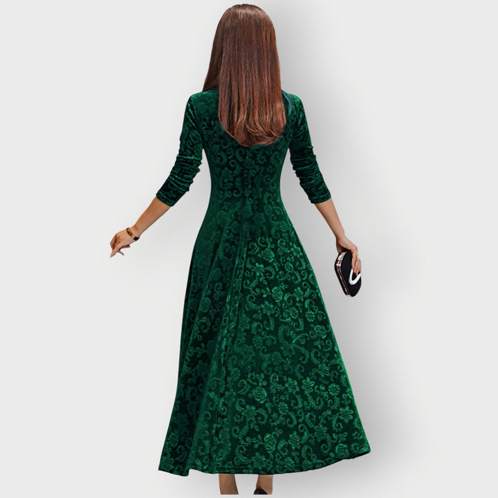 Abito da sera midi donna svasato, scollo a V, stile raffinato, perfetto per look elegante e sofisticato.