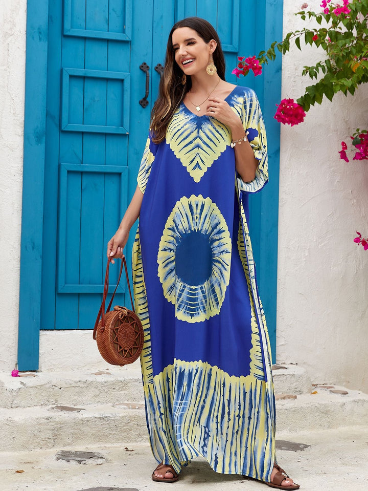 Abito da vacanza lungo e confortevole, stampa vivace, scollo a V, stile estivo da donna.