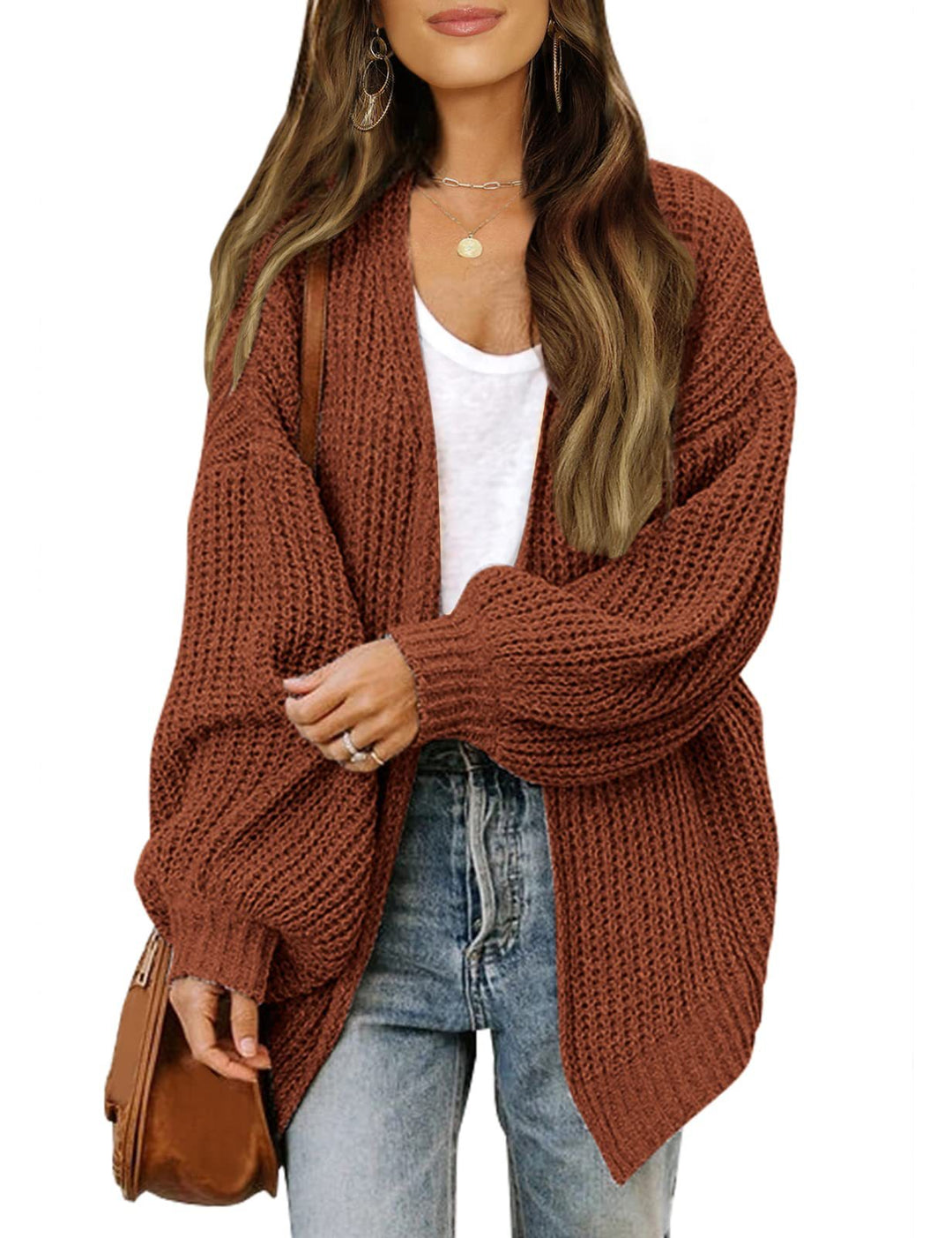 Cardigan donna accogliente e caldo, oversize avvolgente con maniche a lanterna. Massimo comfort.