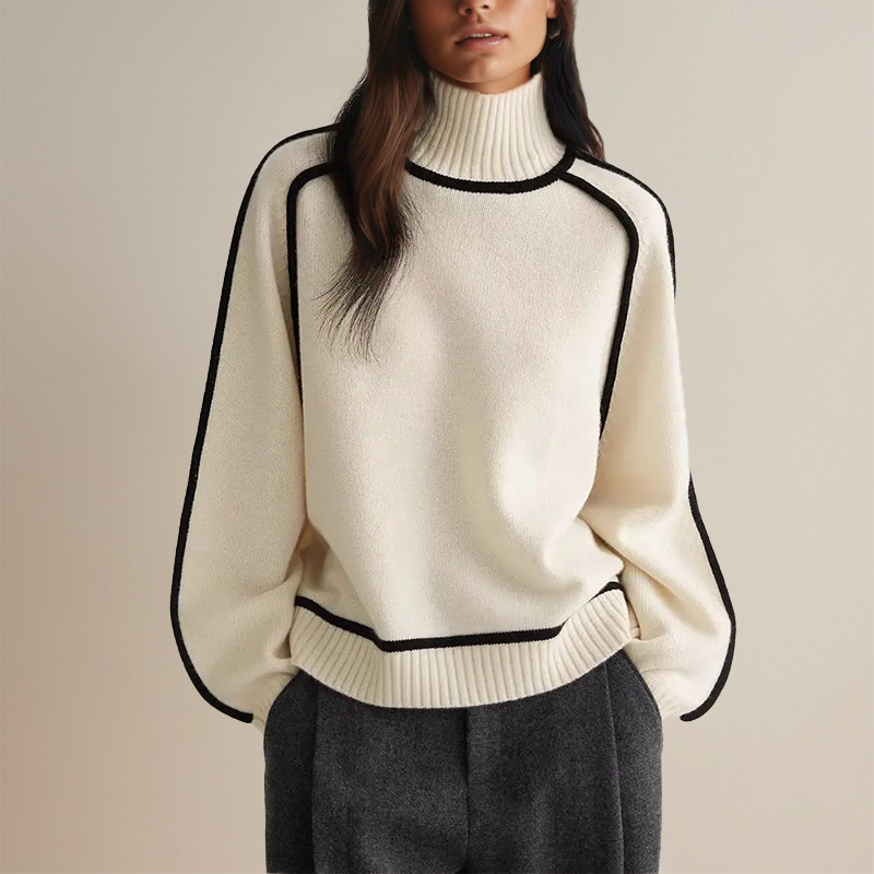 Maglione donna a collo alto a righe, modello slim fit. Ideale per la moda casual, l'eleganza quotidiana e lo stile ufficio.