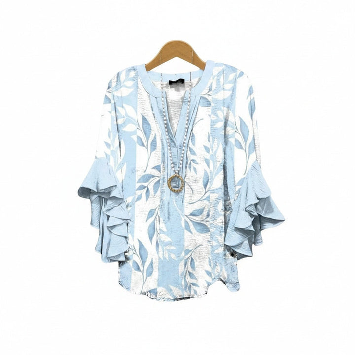 Camicetta floreale da donna leggera con scollo a V e maniche a volant, perfetta per outfit primaverili estivi.