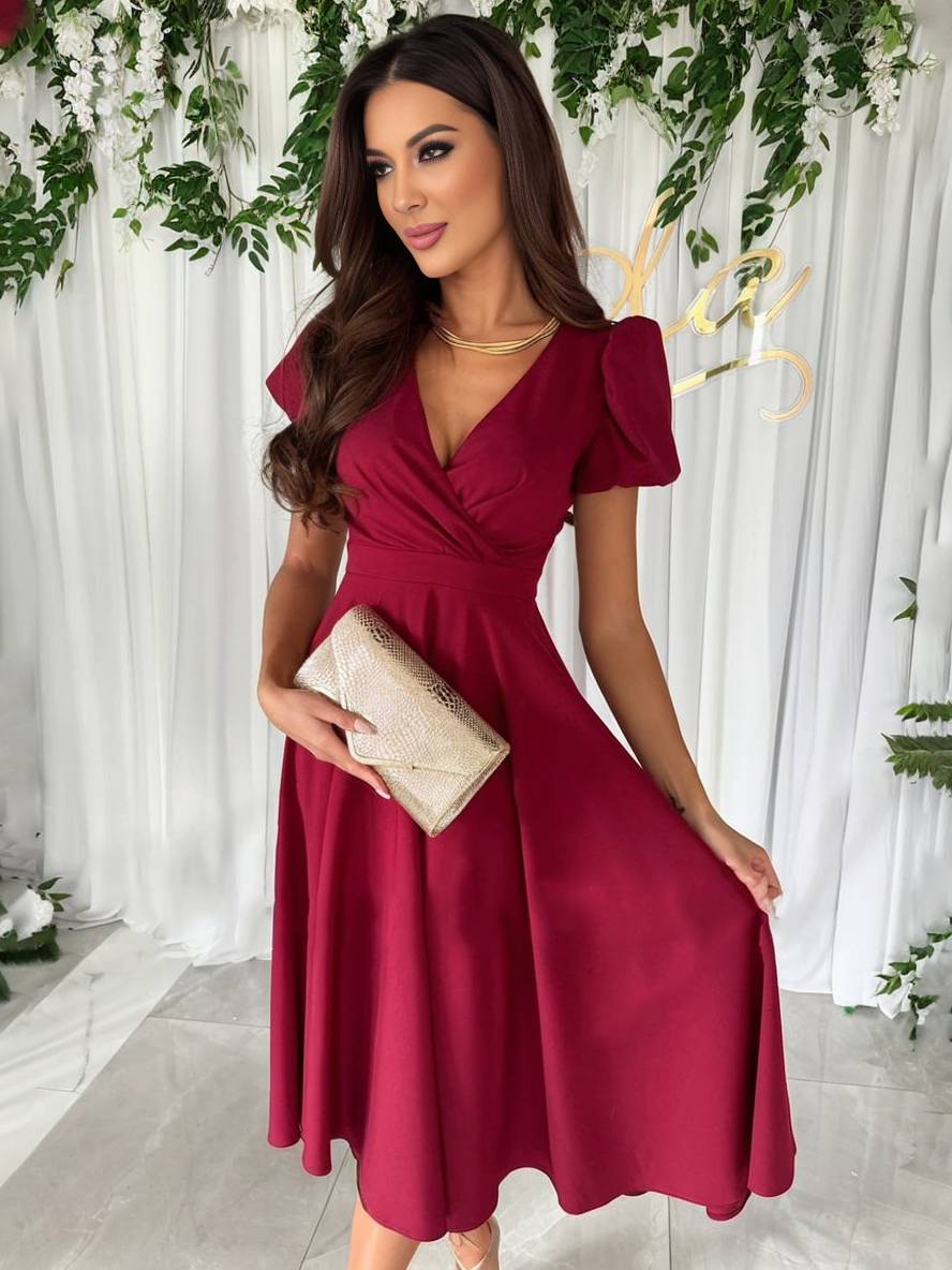 Abito midi da donna elegante, con maniche a sbuffo e gonna svasata, per feste e occasioni.