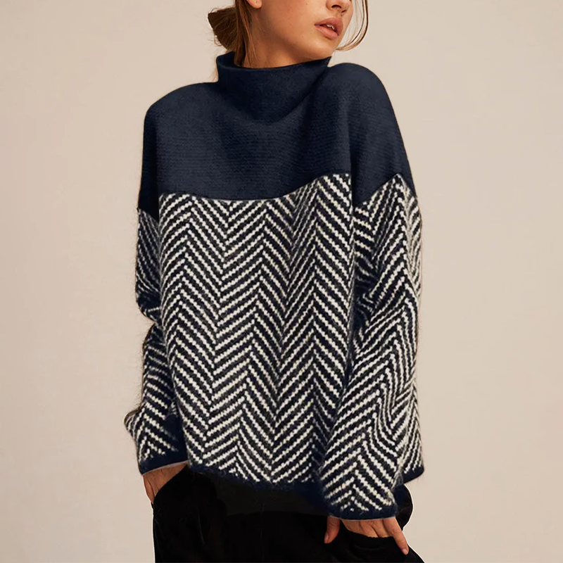 Caldo maglione da donna in maglieria a spina di pesce, collo alto, ideale per la moda autunno/inverno.