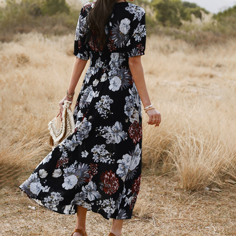 Abito midi donna estivo floreale con scollo a V. Vestito casual e chic per le giornate di sole.